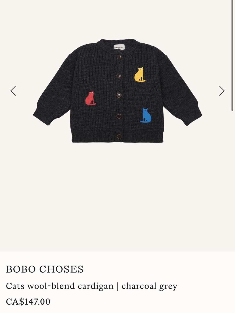 Bobo Choses Charcoal Grey Cardigan with Red Yellow and Blue Cat Motifs